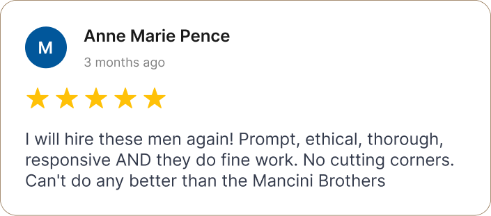 Online review by Anne Marie Pence praising Mancini Brothers for prompt, ethical, thorough work with five-star rating.
