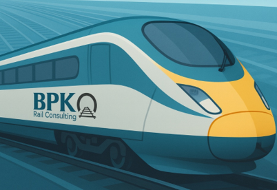 Modern high-speed train with BPK Rail Consulting logo