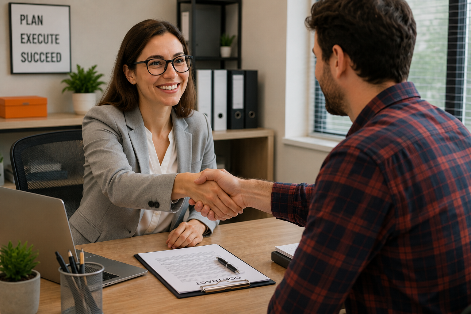 A woman with glasses dressed in a grey blazer shaking hands with a man in a red and black plaid shirt during a business meeting in an office.