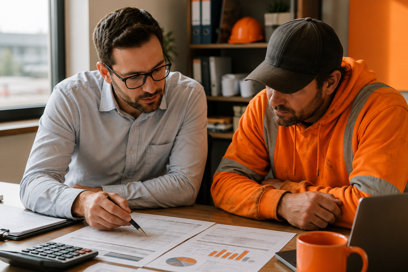 Two men in an office discussing documents with charts and graphs, one pointing with a pen, a calculator, and a laptop on the table.