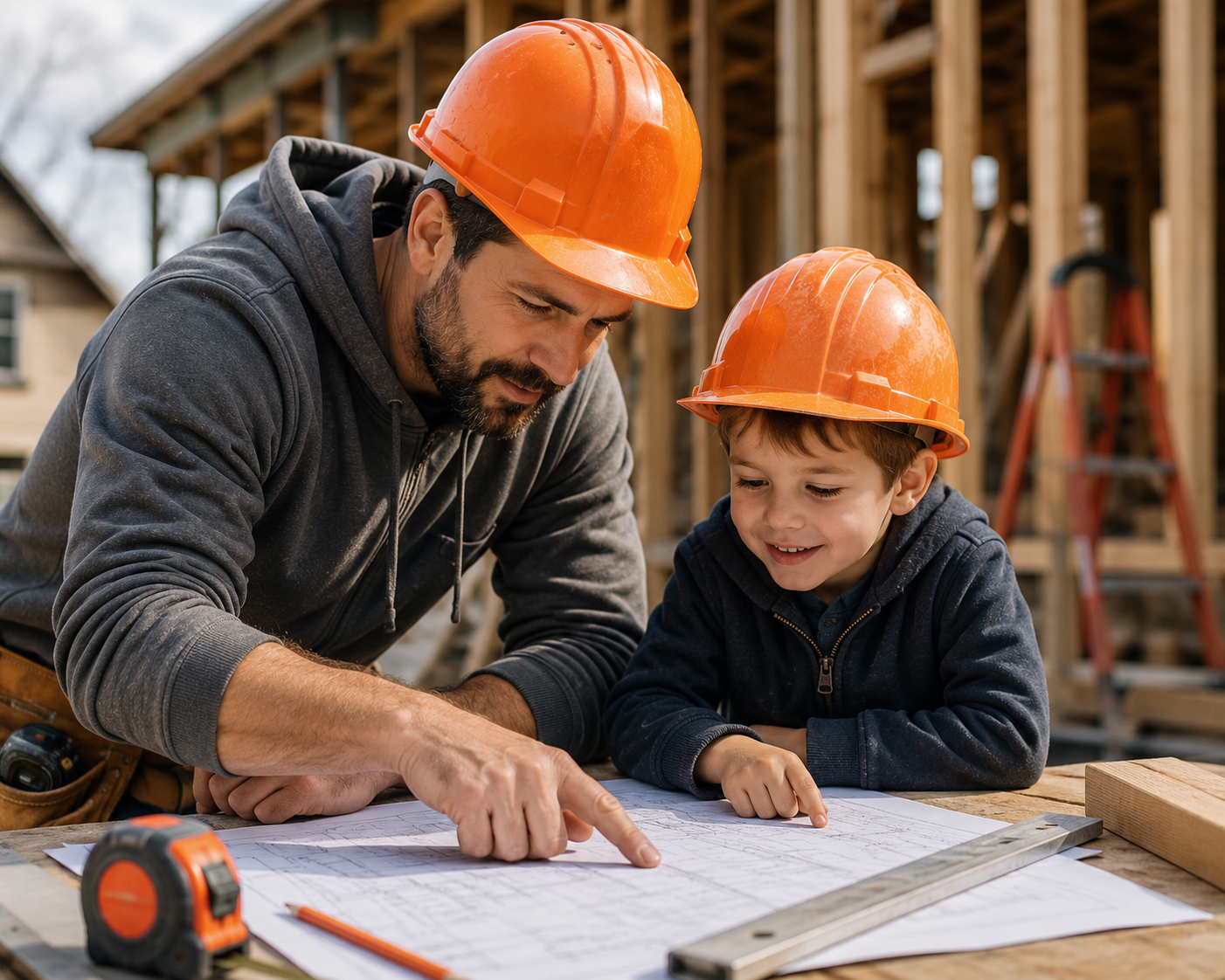 Man and young boy wearing orange hard hats discussing blueprints at a construction site.