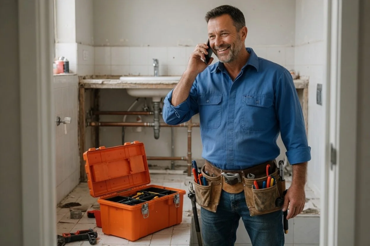 A handyman in a blue shirt with a tool belt stands in an unfinished kitchen, talking on a mobile phone, with a toolbox open on the floor behind him.
