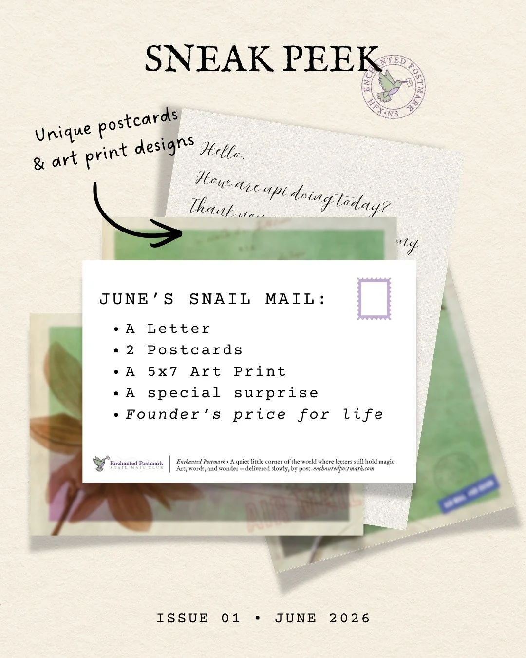 A tiny peek of June's mail going out into the world&hellip; just enough to spark your curiosity. ✨

The very first month of Enchanted Postmark's subscription is coming to life, and I couldn&rsquo;t resist sharing a glimpse of the artwork. Greens, pur