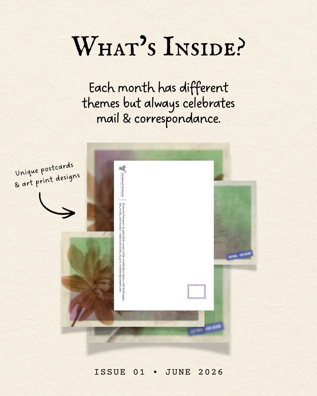 What arrives inside an Enchanted Postmark envelope? ✨

Every month is designed to feel like opening a little pocket of wonder.

Inside you&rsquo;ll find:
💌 Two different postcard designs
💌 A beautiful art print
💌 A heartfelt letter
💌 A surprise t