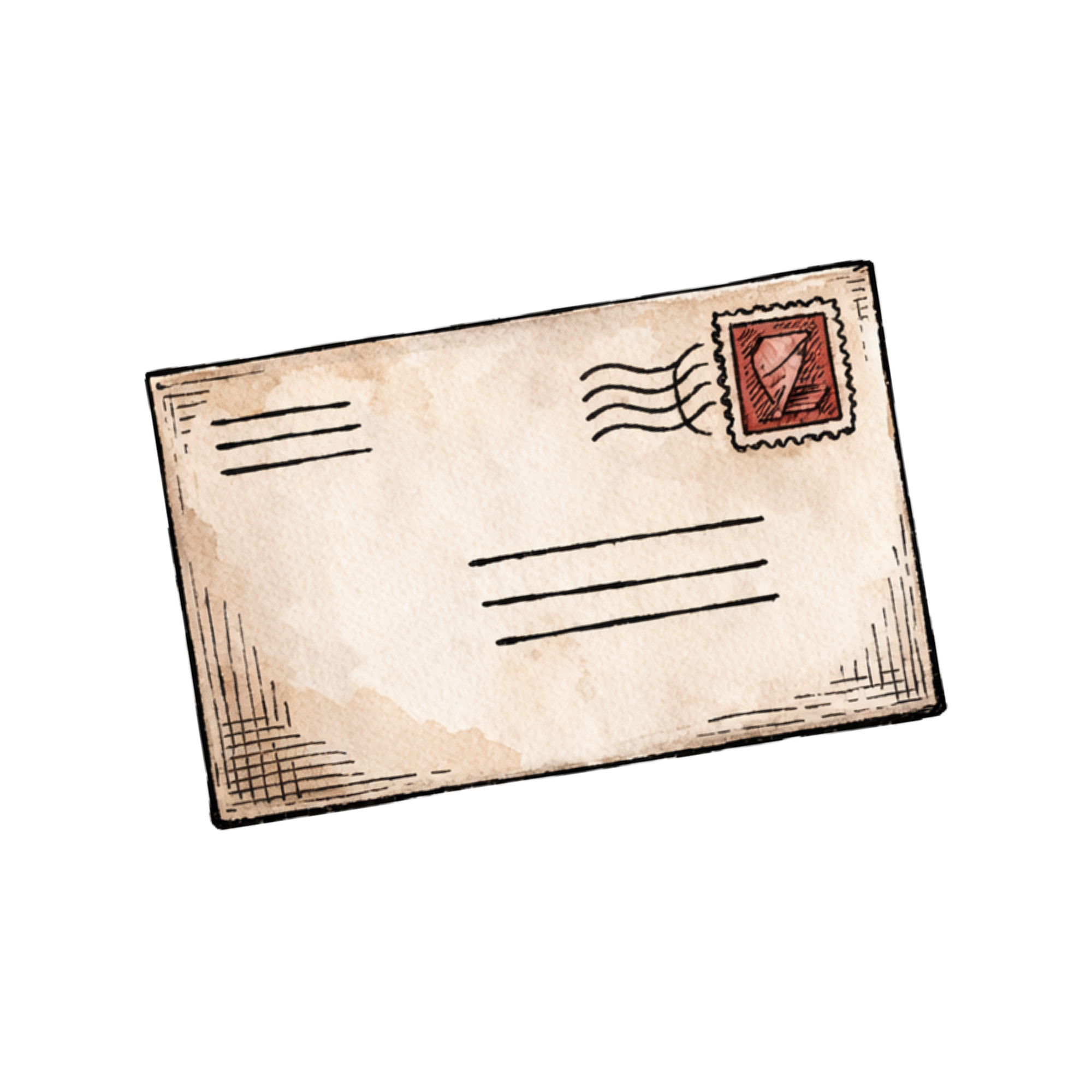 Watercolor illustration of an old-fashioned postcard with a red stamp in the top right corner.