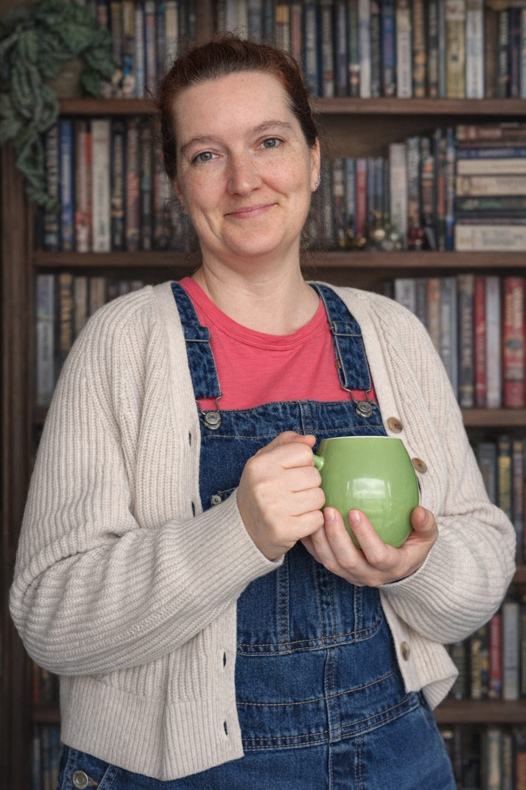 Woman with light skin, freckles, and brown hair tied back, smiling while holding a green mug, standing in front of a bookshelf filled with books.