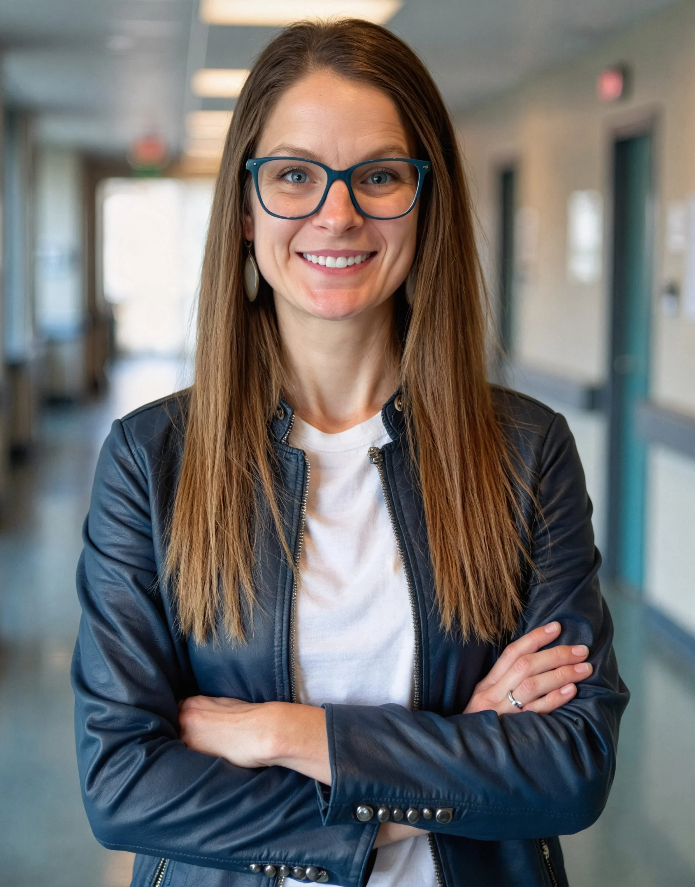 A woman with long brown hair, wearing glasses, a white shirt, and a black leather jacket, standing in a hallway with her arms crossed and smiling.