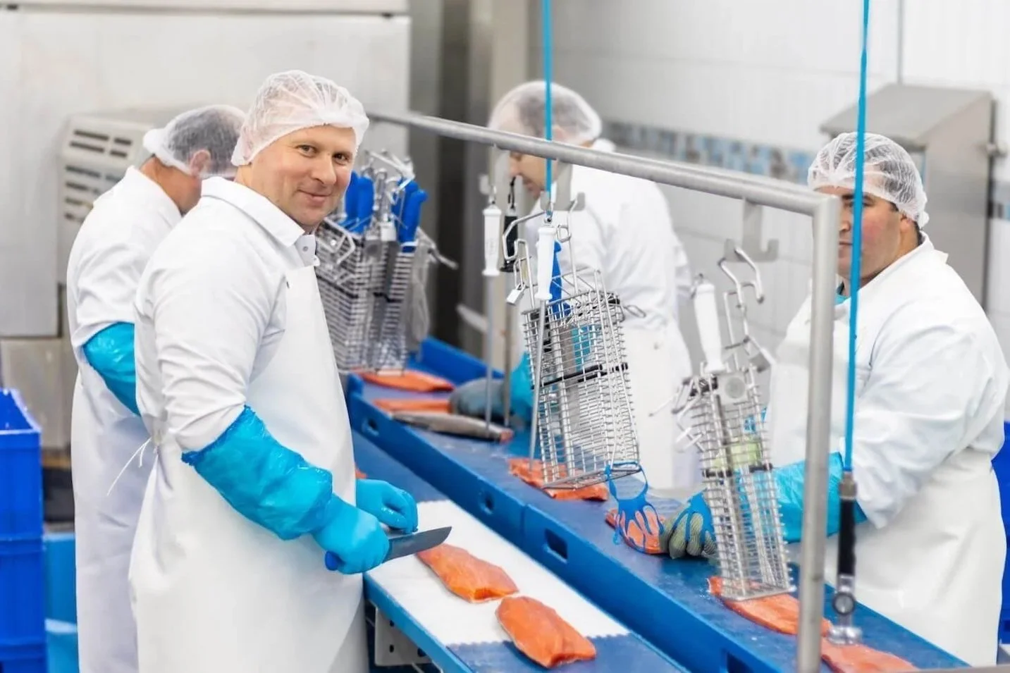 Employees manually refining salmon fillets on a processing line in an industrial seafood facility