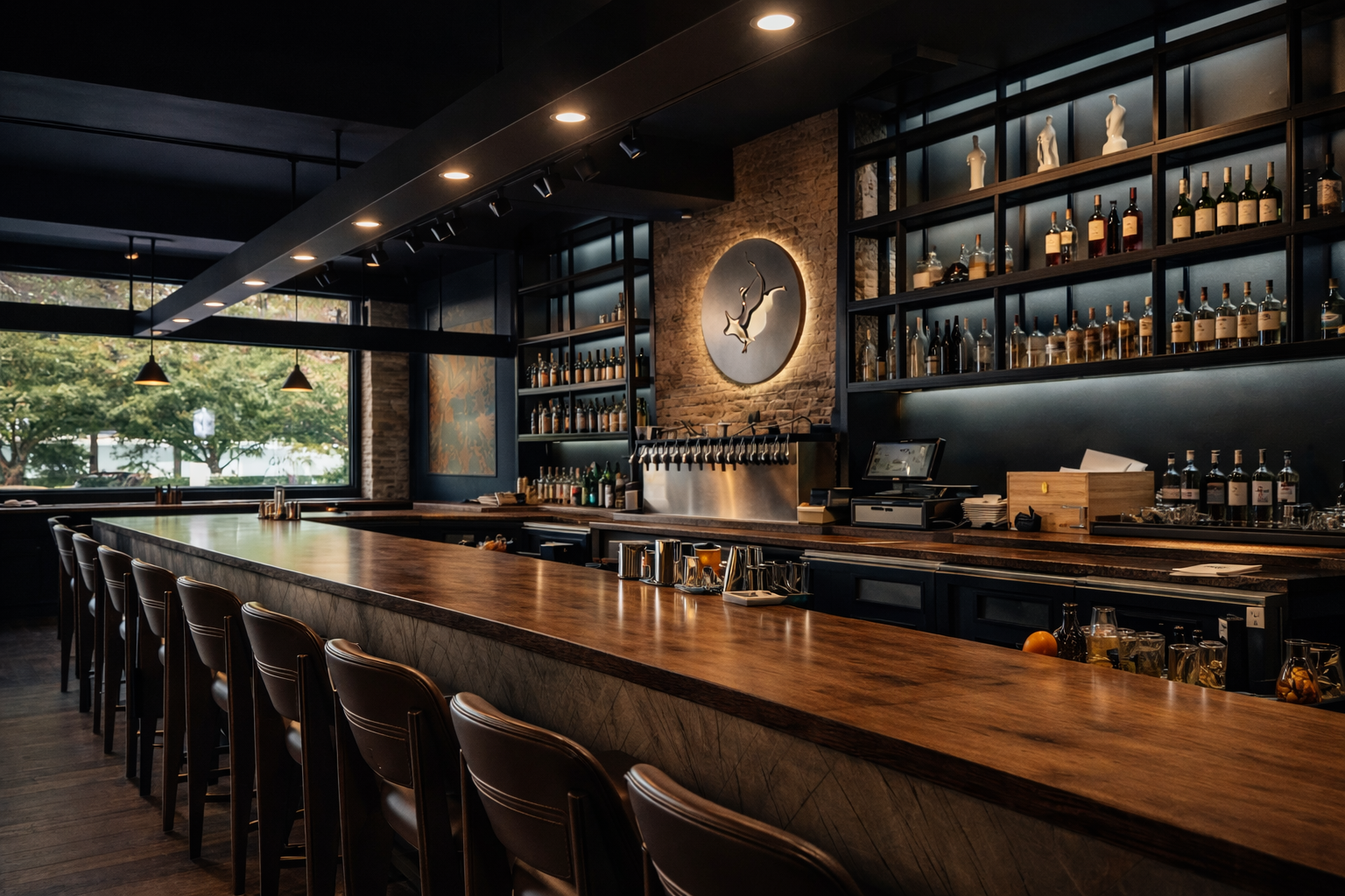 Empty bar counter inside a modern restaurant, with shelves of alcohol bottles and art decor, and large window showing trees outside.