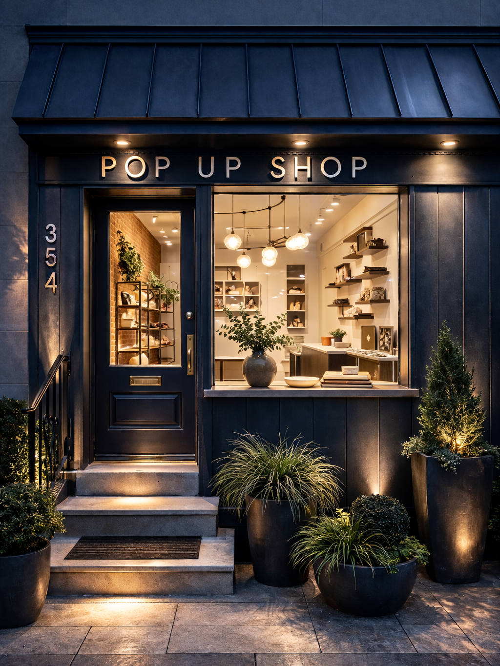 Exterior storefront of a boutique shop called 'POP UP SHOP' with black facade, large window, and potted plants outside, illuminated in the evening.