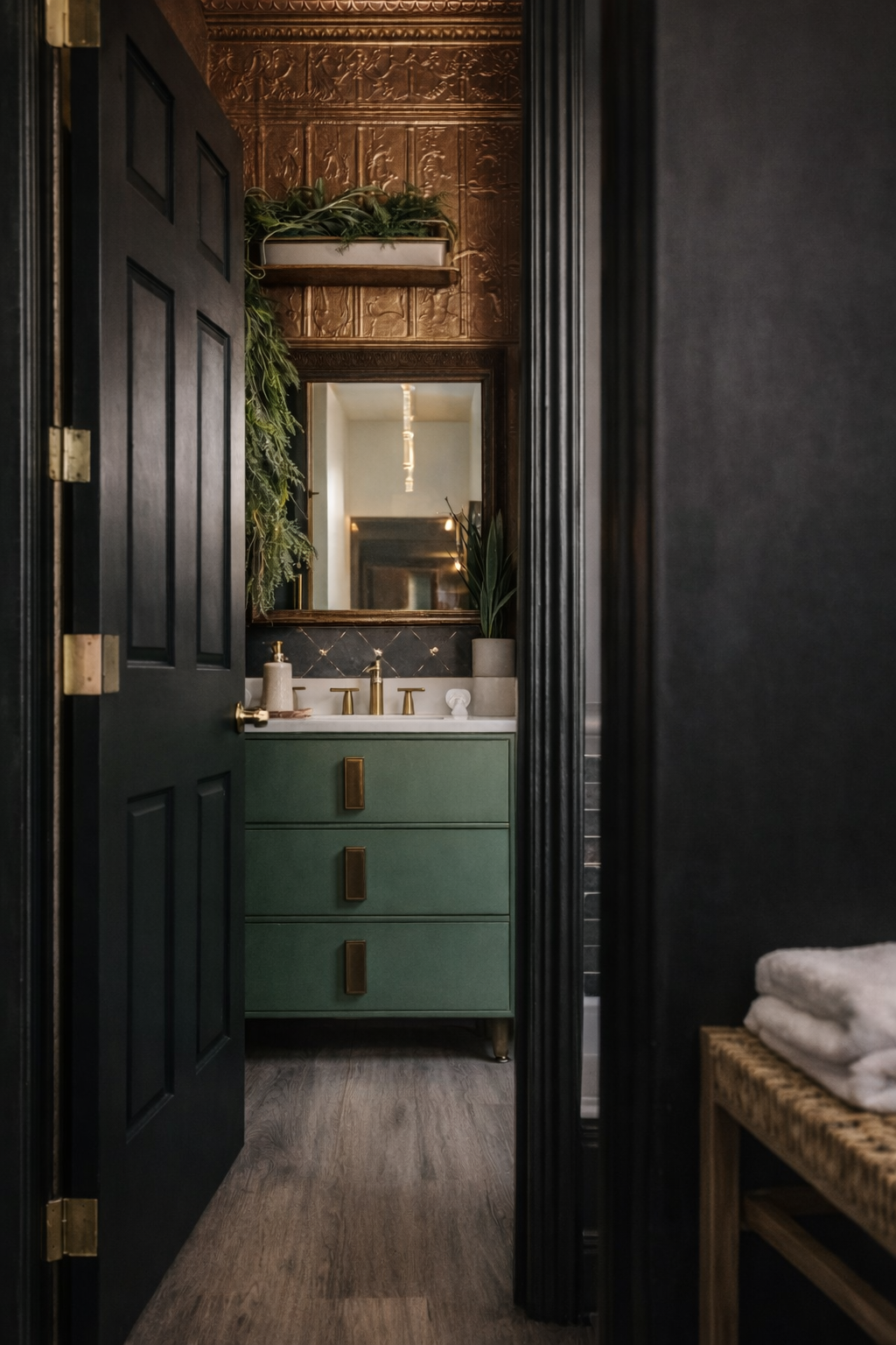 A bathroom with vintage gold detailing, including a gold mirror, faucet, and cabinet handles, featuring a green vanity with brass accents, a black tiled wall, and a wooden floor. It is decorated with a plant, framed mirror, and a table with folded towels.