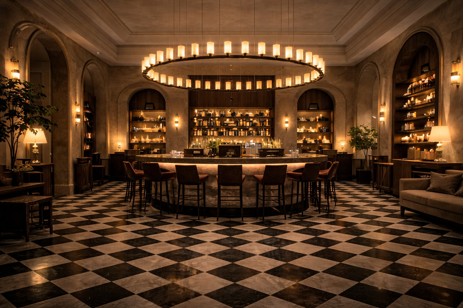 Elegant bar with a circular marble counter, surrounded by barstools, shelves filled with bottles, warm lighting, checkered black and white floor, and plush seating area.
