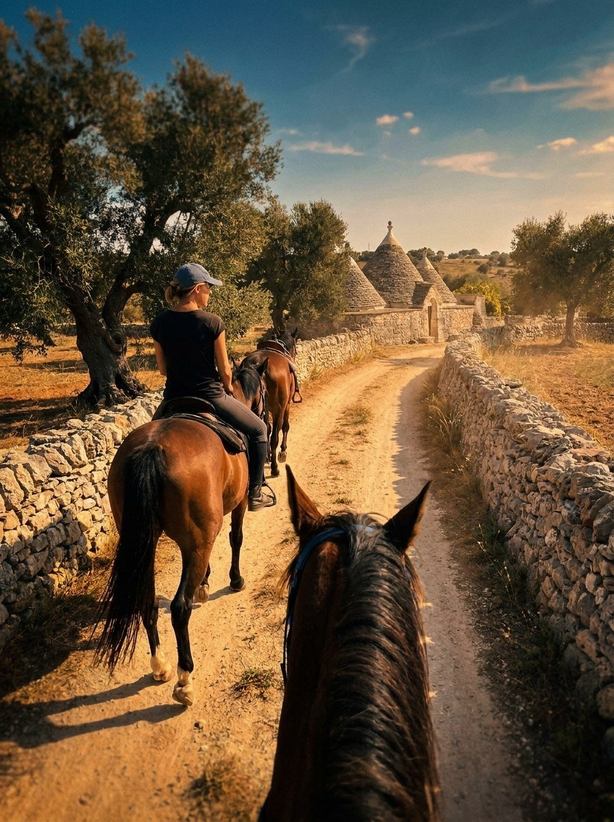 A person riding a horse along a dirt path bordered by stone walls, with a traditional stone building with conical roofs in the background and trees on both sides.
