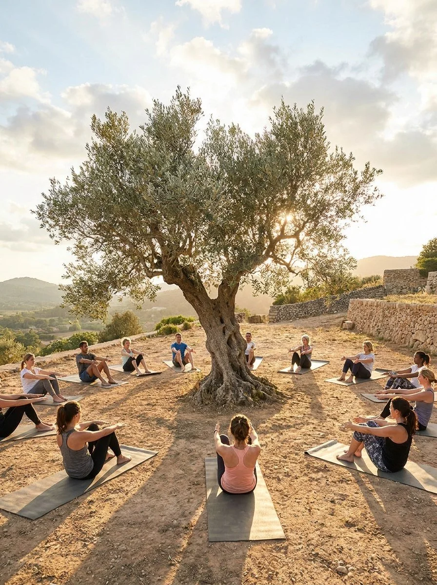 People practicing yoga outdoors in a circle around a tree during sunset.