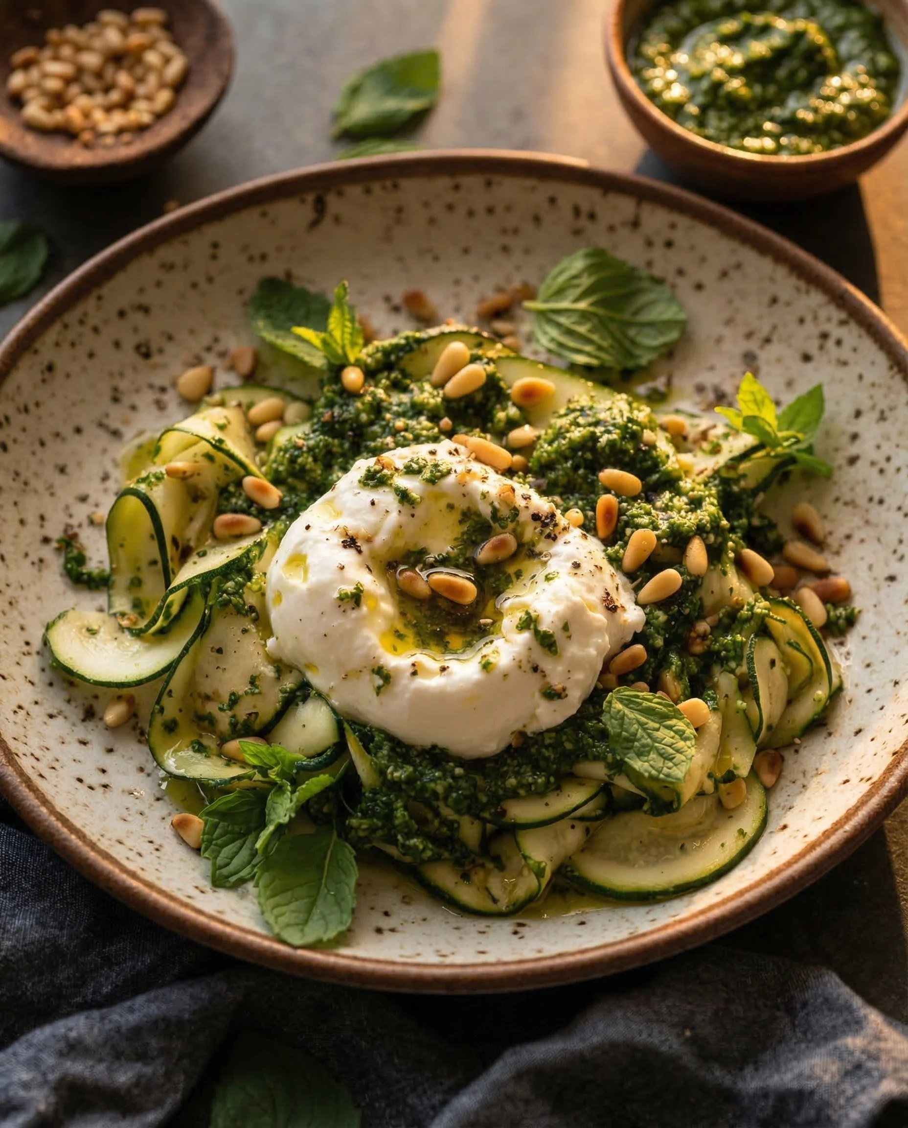 Zucchini noodles with pesto, topped with pine nuts, served with a poached egg, garnished with fresh herbs, on a ceramic plate.