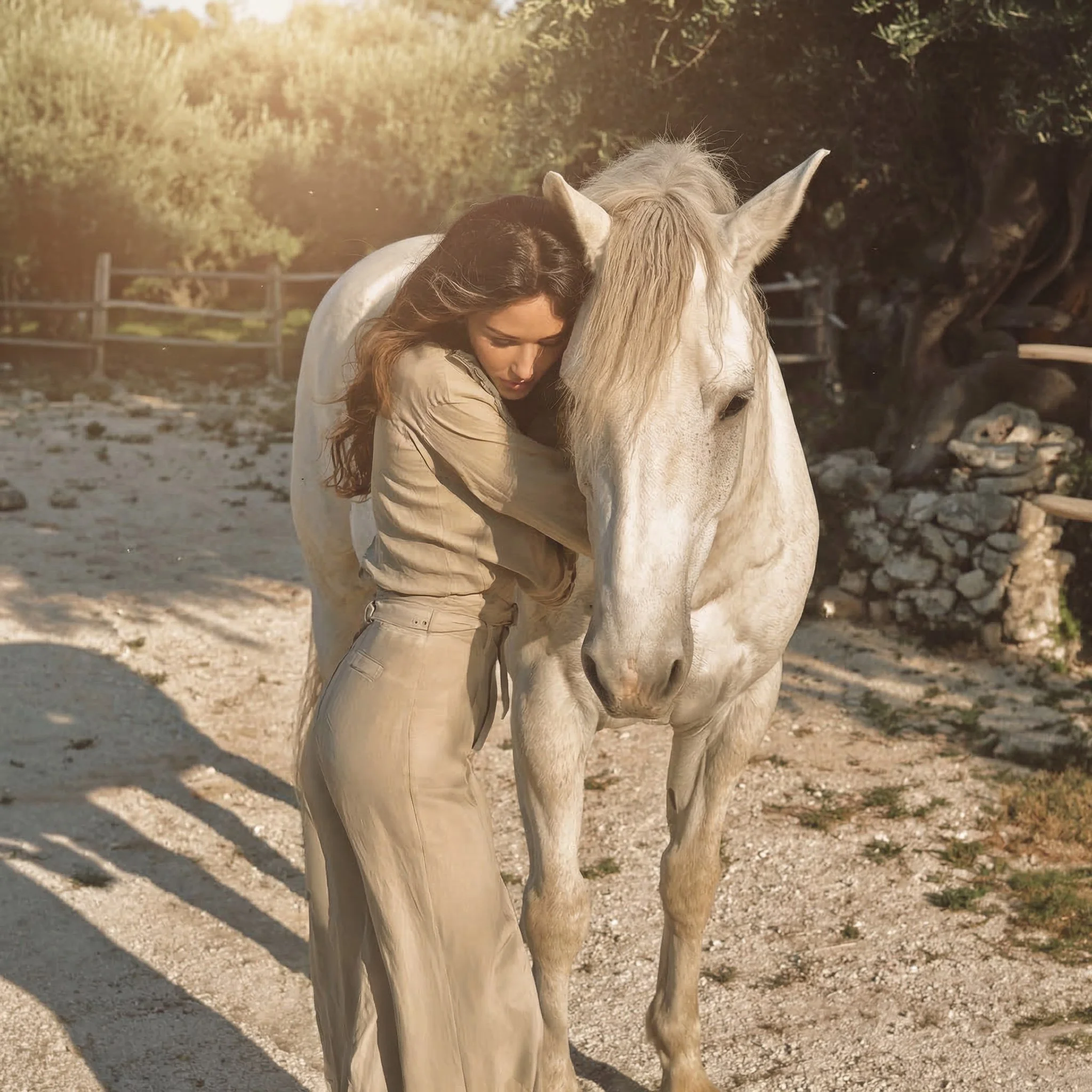 A woman hugging a white horse in an outdoor setting during sunset, with trees and a wooden fence in the background.