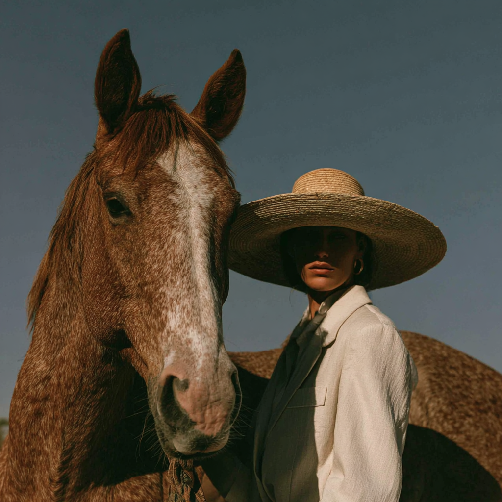 A woman wearing a large straw hat and beige jacket stands close to a brown and white horse against a clear blue sky.
