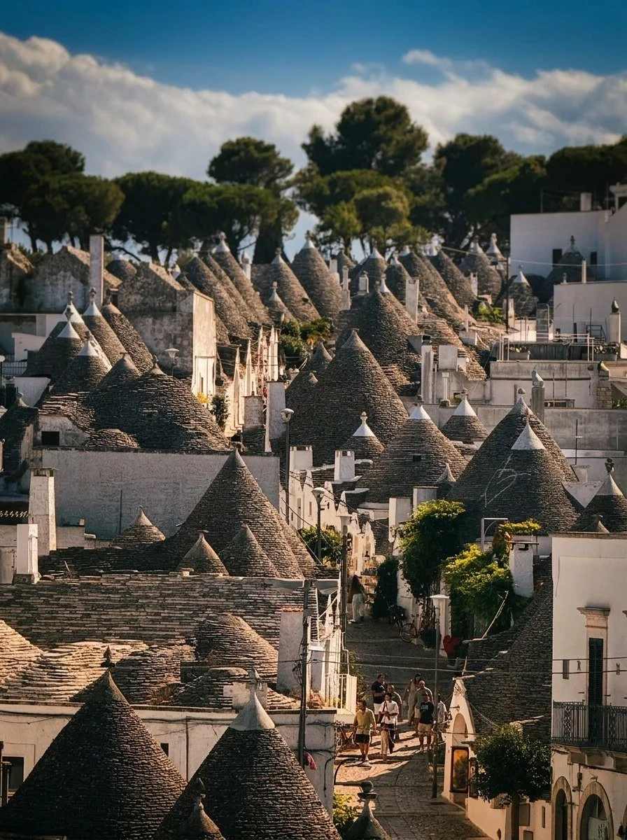 A street scene in Alberobello with numerous traditional cone-shaped roofs of white buildings, surrounded by trees and a partly cloudy sky.