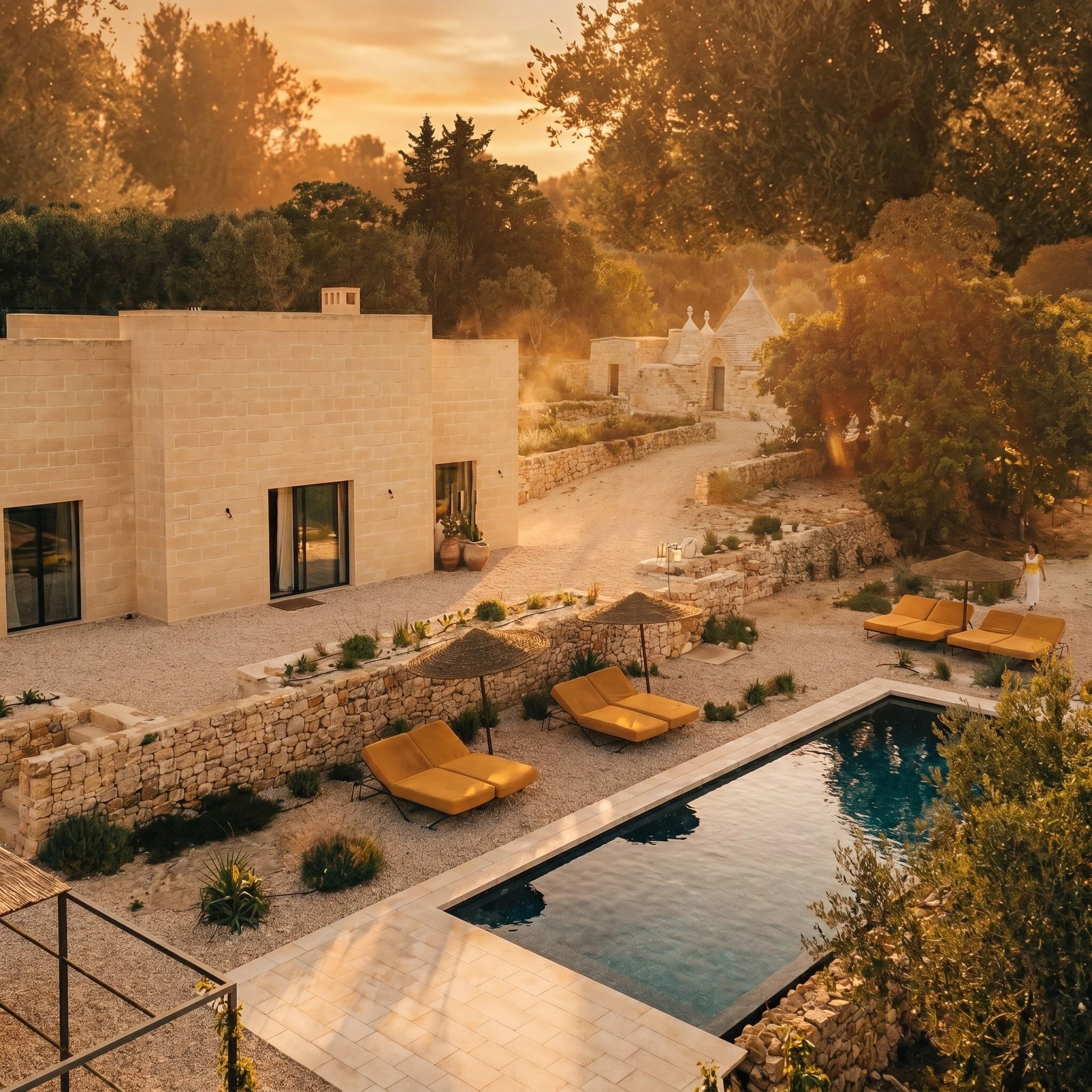 A scenic outdoor patio area at sunset featuring a rectangular swimming pool, surrounded by lounge chairs, umbrellas, and lush greenery, with tall trees and an elegant building with balconies and arched windows in the background.