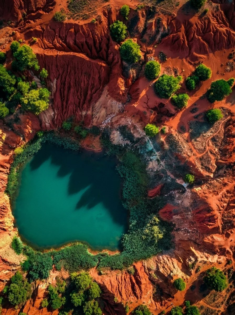 An aerial view of a red rock canyon with a small lake at the bottom, surrounded by green trees and vegetation.