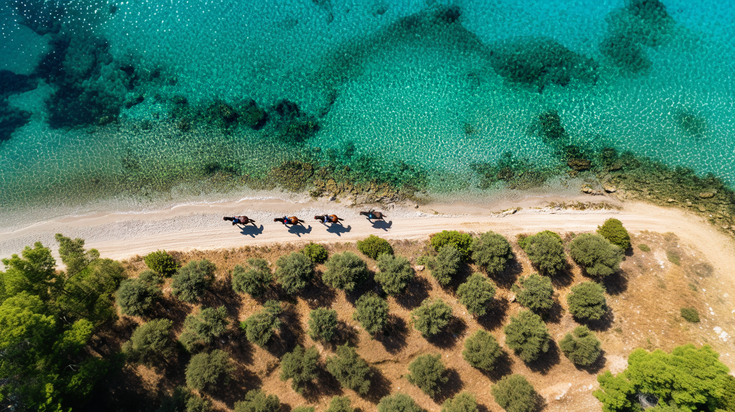 An aerial view of four horses walking along a narrow sandy beach alongside a turquoise body of water, with a line of trees casting shadows on the ground.