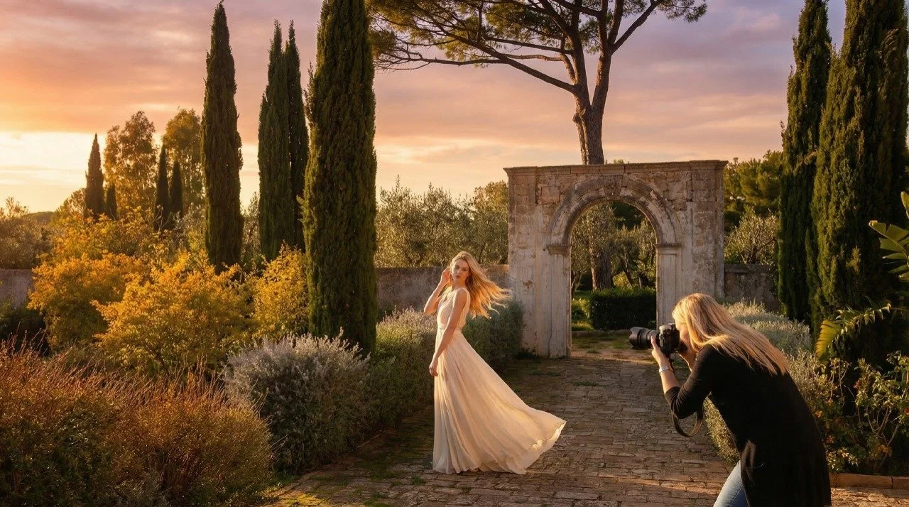 A woman in a flowing beige dress poses in a garden during sunset, while a photographer takes her picture. The garden features tall, slender cypress trees and a stone archway in the background.