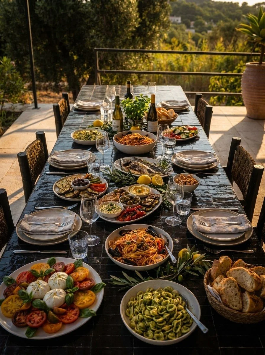 An outdoor dining table set with various dishes including pasta, bread, salads, grilled vegetables, cheeses, olives, and wine bottles, on a terrace with a scenic green landscape in the background during sunset.