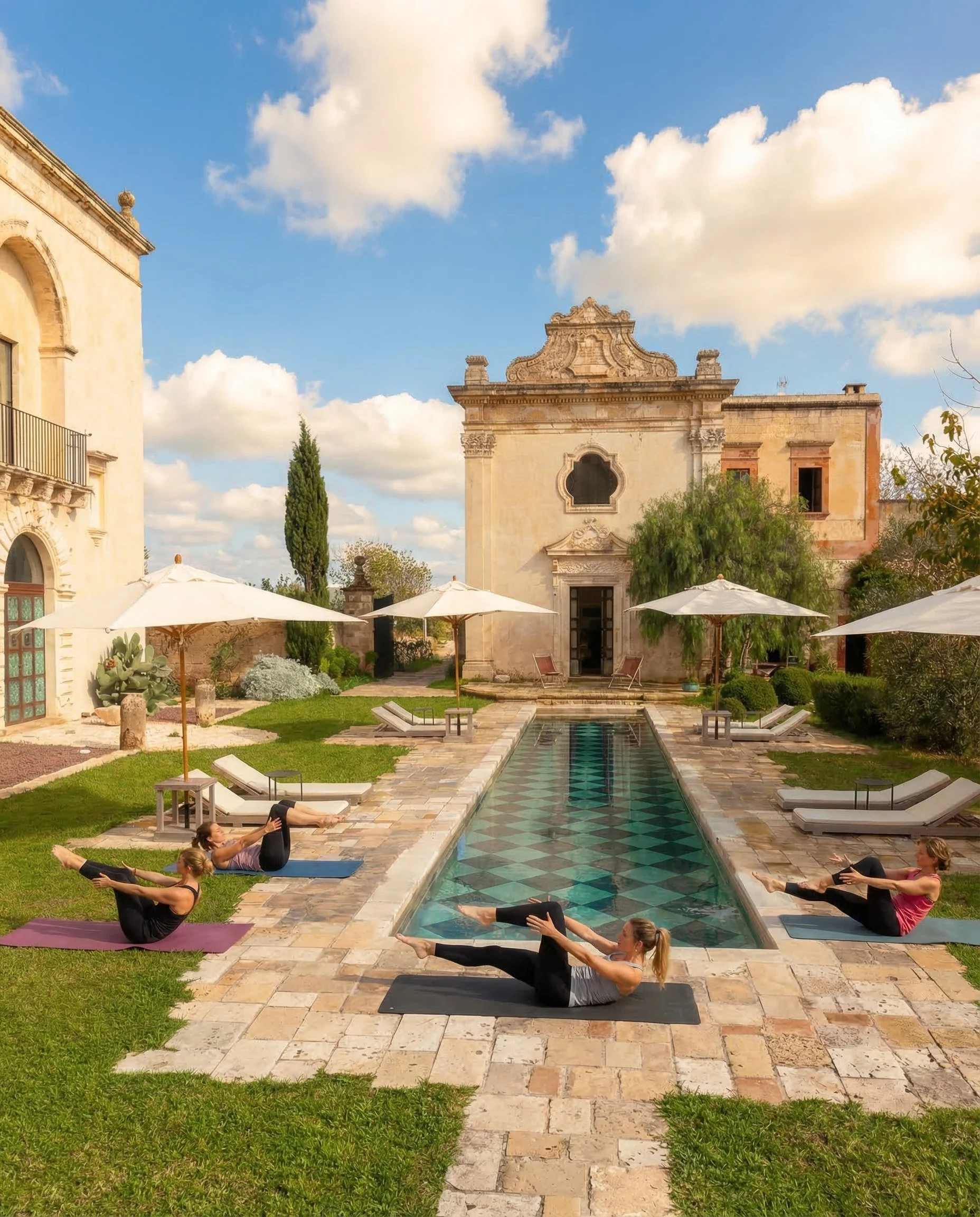 People practicing yoga outdoors by a rectangular pool, with a historic building and some trees in the background under a partly cloudy sky.