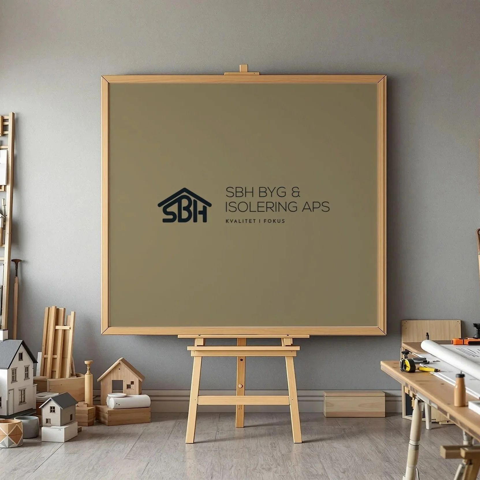 Et -rum med et stort lærred, der viser logoet for SBH Byg & Isolering APS, omgivet af miniaturehuse og byggematerialer.