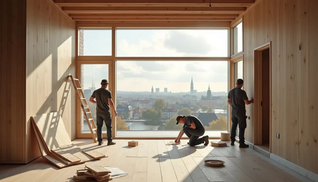 Tre personer arbejder på et værelse med store vinduer, der giver udsigt til en by med kirketårne og en flod. Der er træværk og byggematerialer på gulvet.