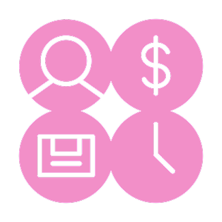 Pink icons representing a person, a dollar sign, a stopwatch, and a briefcase on a black background.