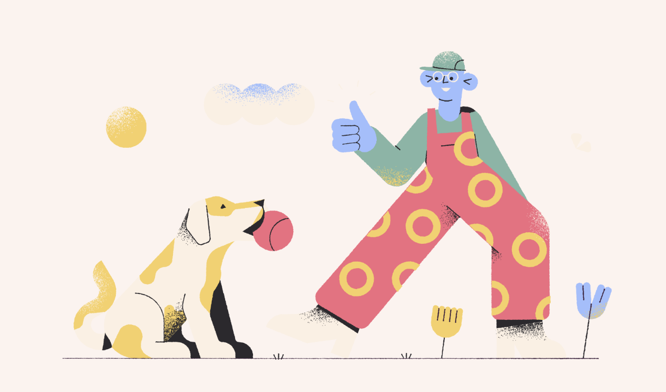 Illustration of a person giving a thumbs up sign to a dog with a ball in its mouth