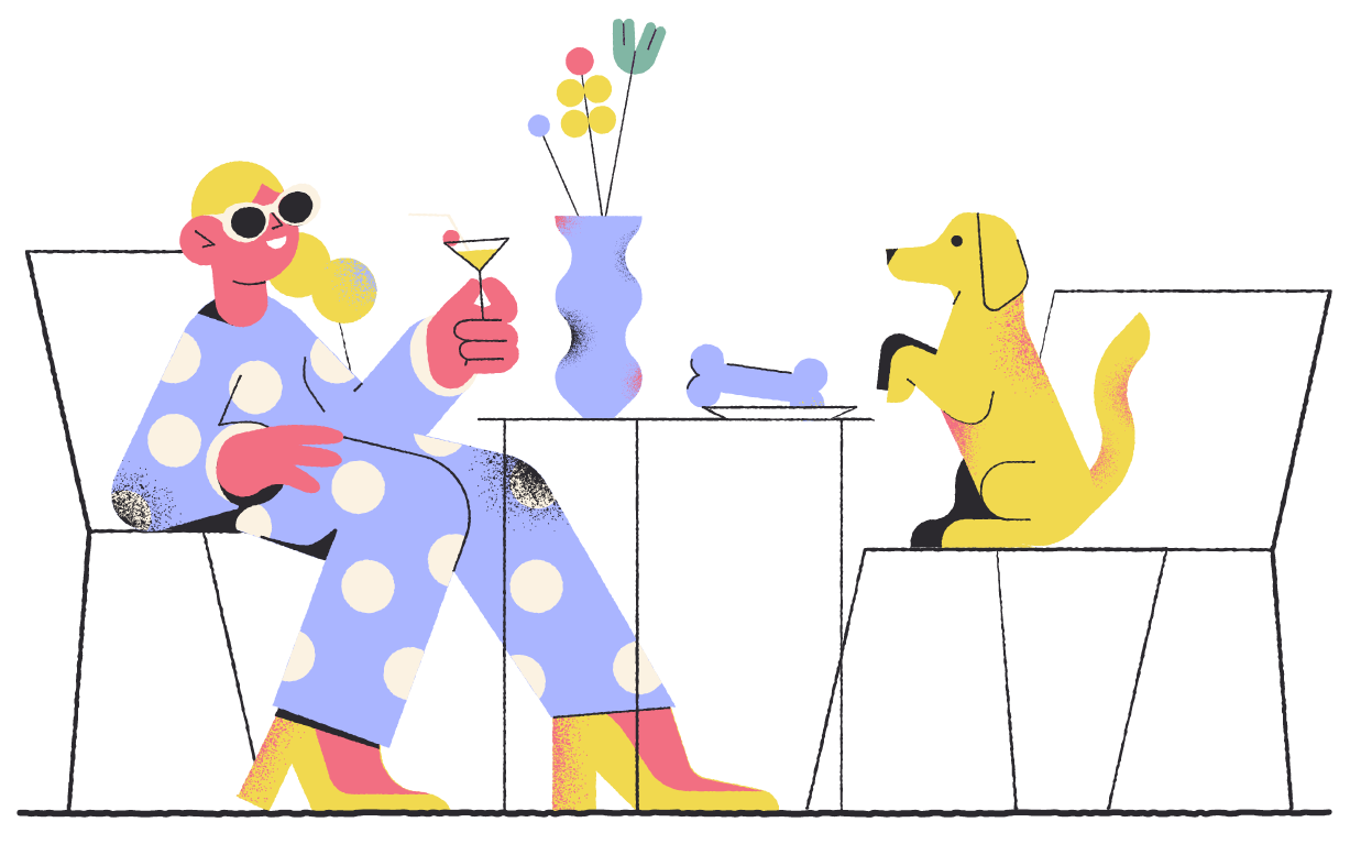 Illustration of a lady and a dog sitting at a table together