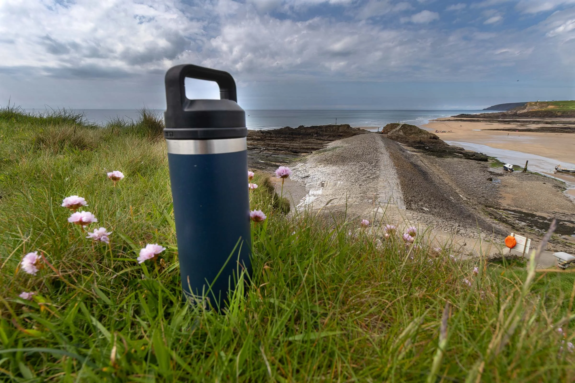 Yeti Flask Breakwater-2.jpg A Yeti Rambler flask pictured by Bude Breakwater overlooking the ocean
