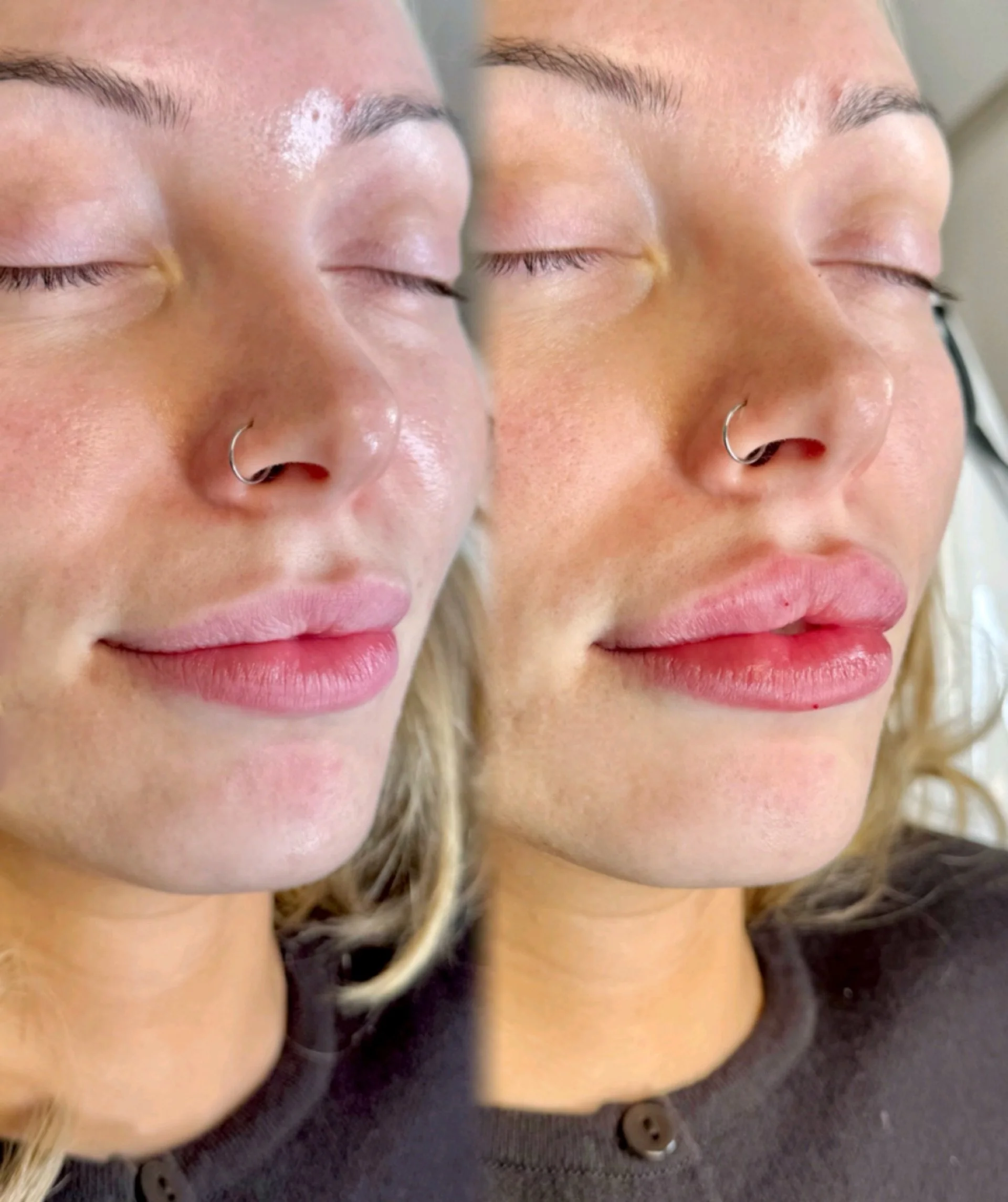 Close-up of a woman's face with before and after lip makeup, showing transition from natural lips to enhanced with lipstick, nose piercing, and light makeup.