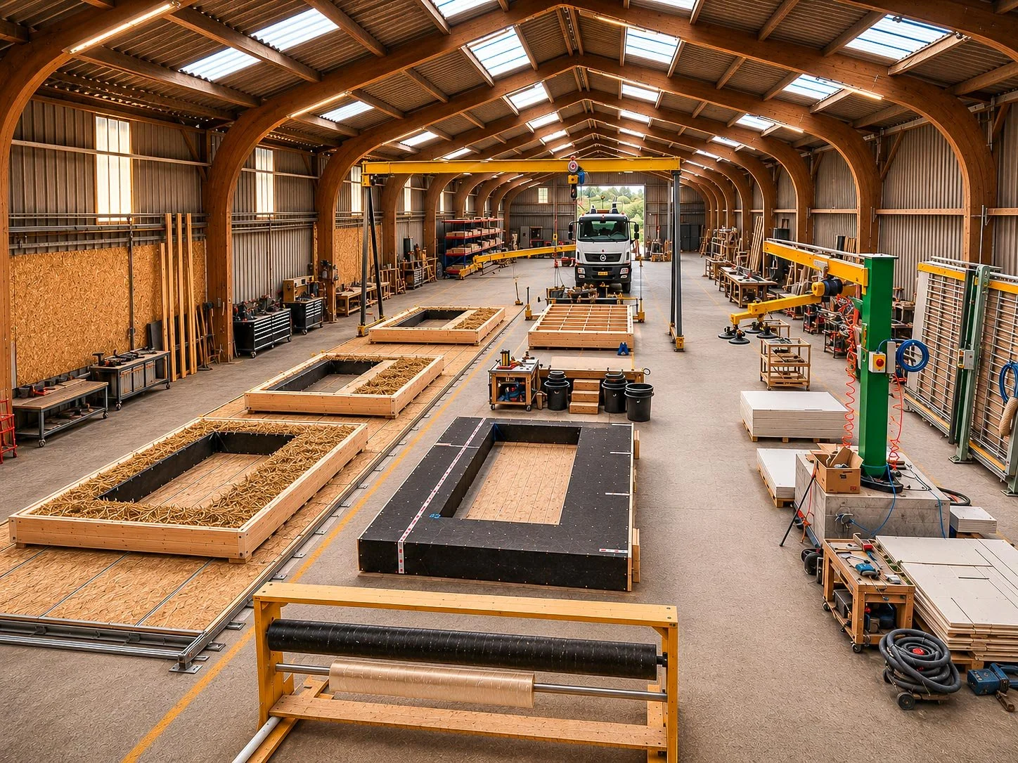 Un atelier de menuiserie ou de fabrication en bois avec plusieurs structures en bois en cours de construction, outils, étagères, et un véhicule blanc au fond sous un grand toit en bois avec des fenêtres de lumière naturelle.
