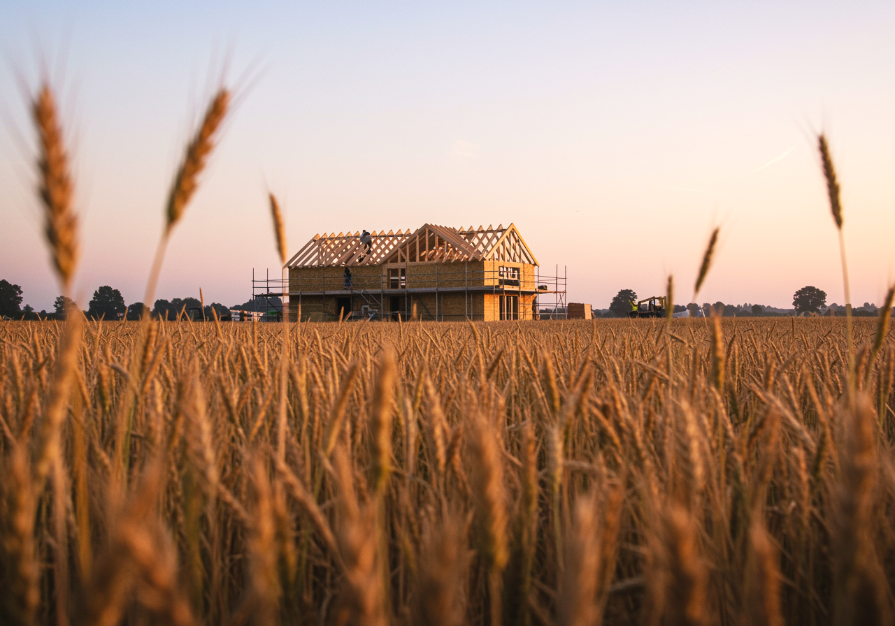 Une maison en construction dans un champ de blé au coucher du soleil.