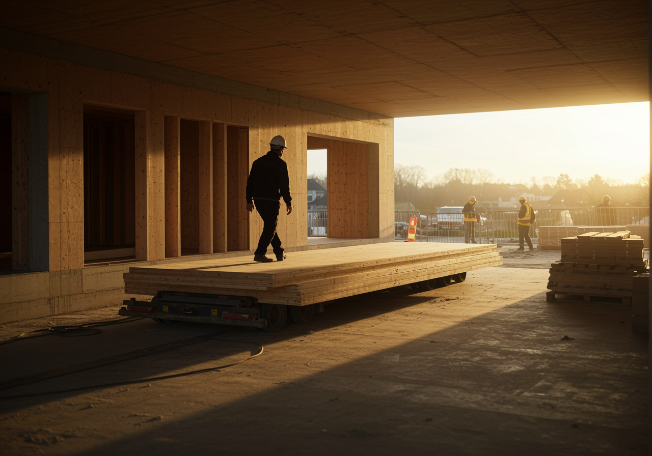 Travaux de construction avec des ouvriers portant des casques sur un site de construction en plein air au coucher du soleil.