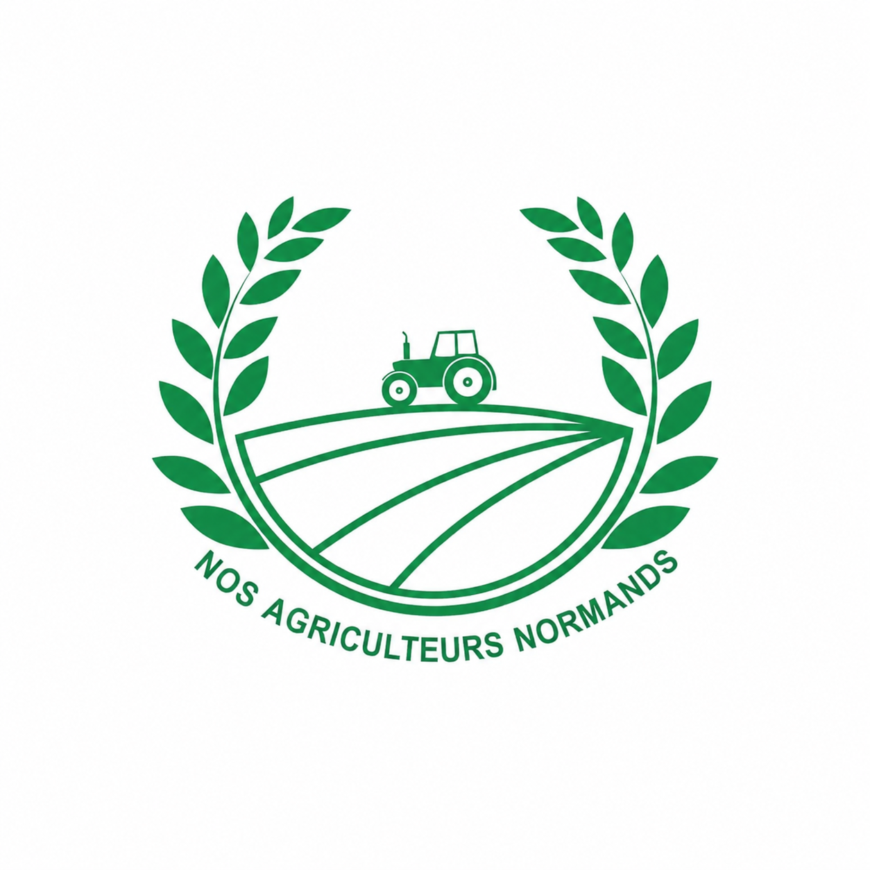 Logo vert avec un tracteur et des rangées de champ encadrés de deux branches de feuilles, en dessous, la phrase 'Nos Agriculteurs Normands'.