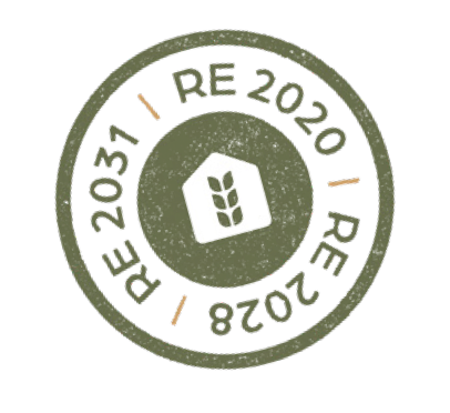 Logo en forme de cercle avec texte 'RE 2031 | RE 2020' autour et une icône de grain de blé au centre.