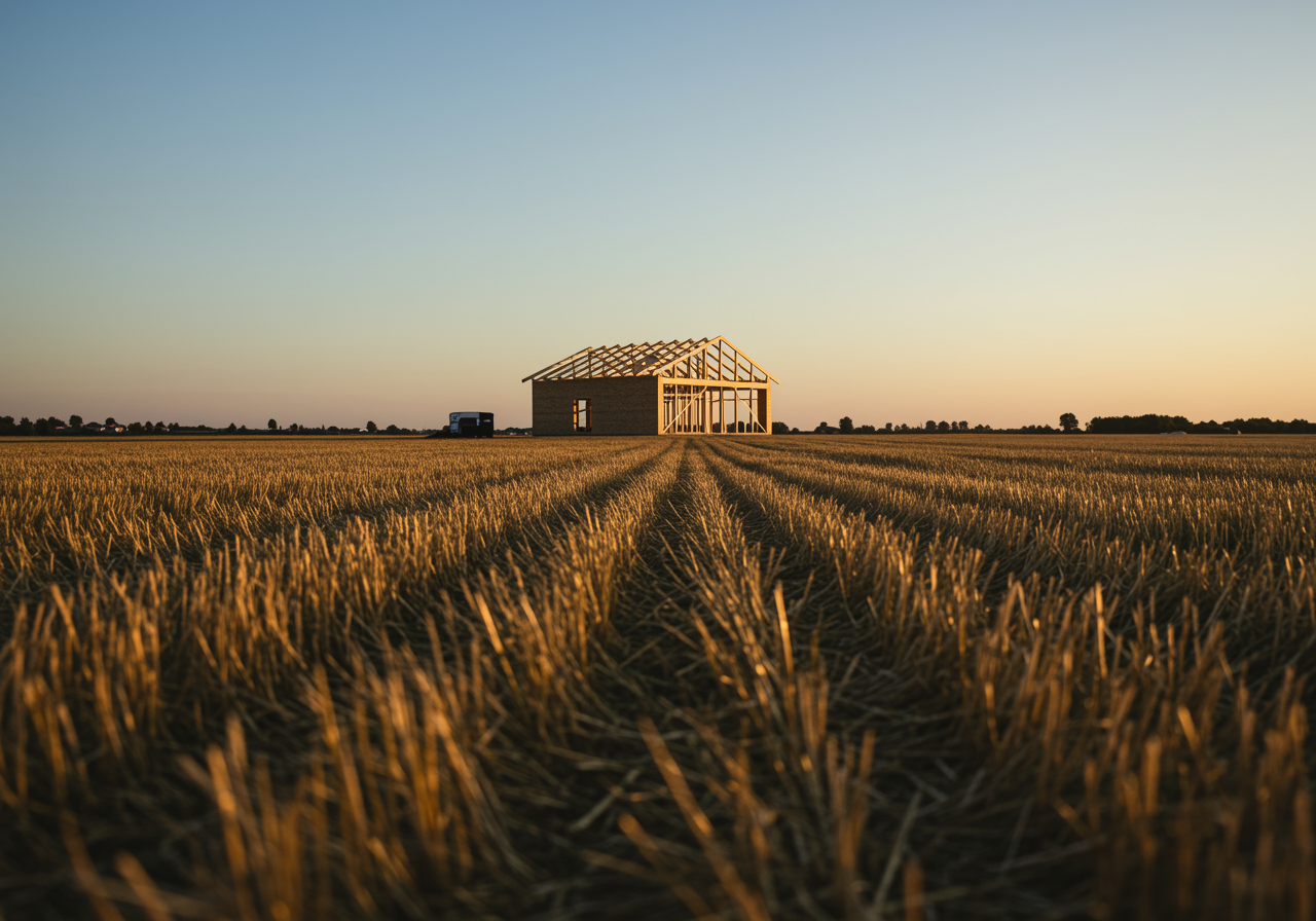 Champ de blé avec une ferme en construction au loin au coucher du soleil.