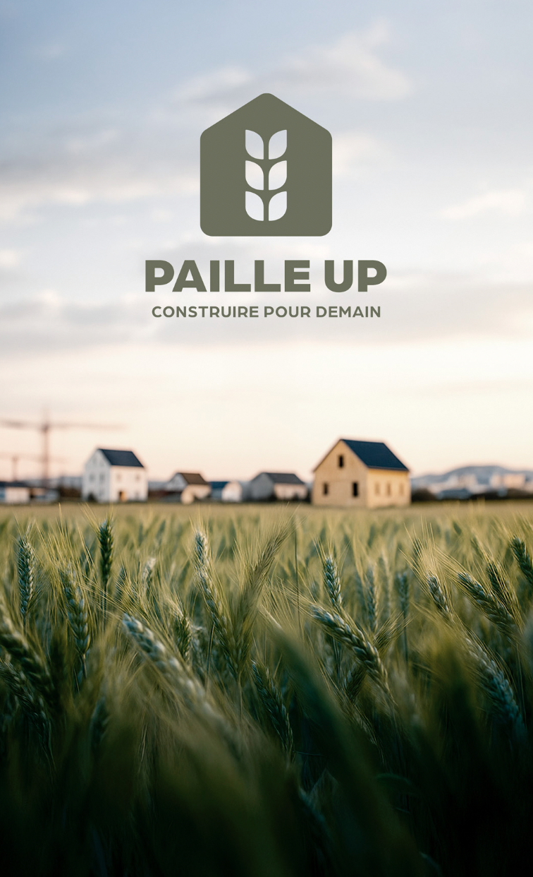 Champ de blé avec des maisons en arrière-plan, logo paille up