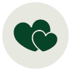 Black and green heart-shaped icons on a gray circular background.