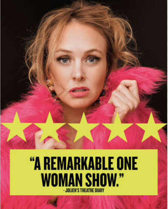 Close-up of a woman with blond hair wearing a bright pink faux fur coat, looking surprised or curious, with a dark background and a quote overlay.