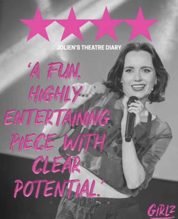 A black and white photo of a woman holding a microphone, with pink text overlay and four pink stars at the top. The text reads: 'A fun, highly entertaining piece with clear potential.'