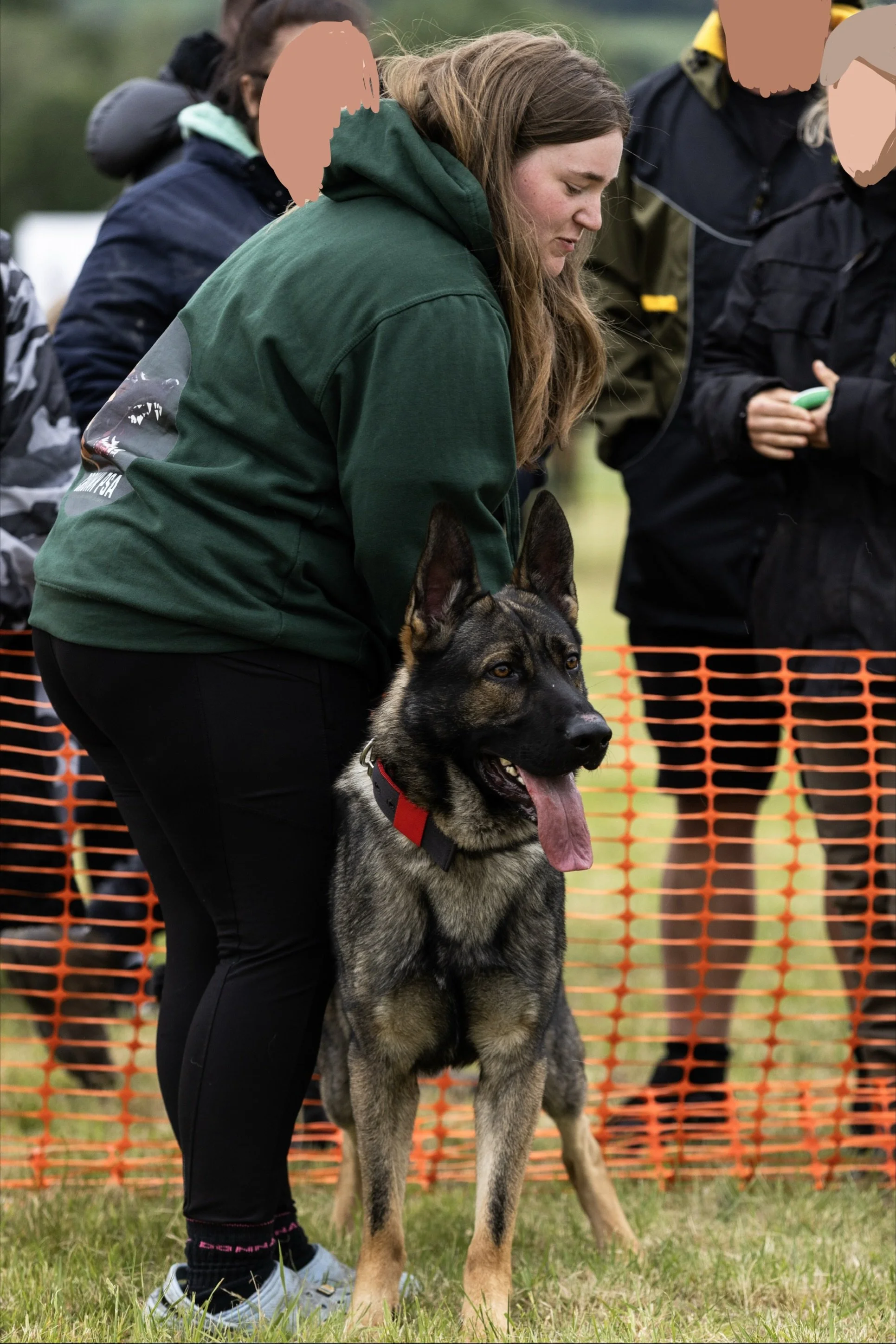 A woman with long brown hair leaning over a large German Shepherd dog with a tan and black coat, outdoors near a fenced area with orange plastic fencing, other people and trees in the background.