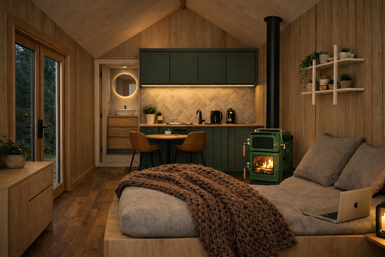 Cozy wooden interior with a bed, sofa, and a small green stove. Kitchen area with green cabinets, round table and chairs, and decor plants.