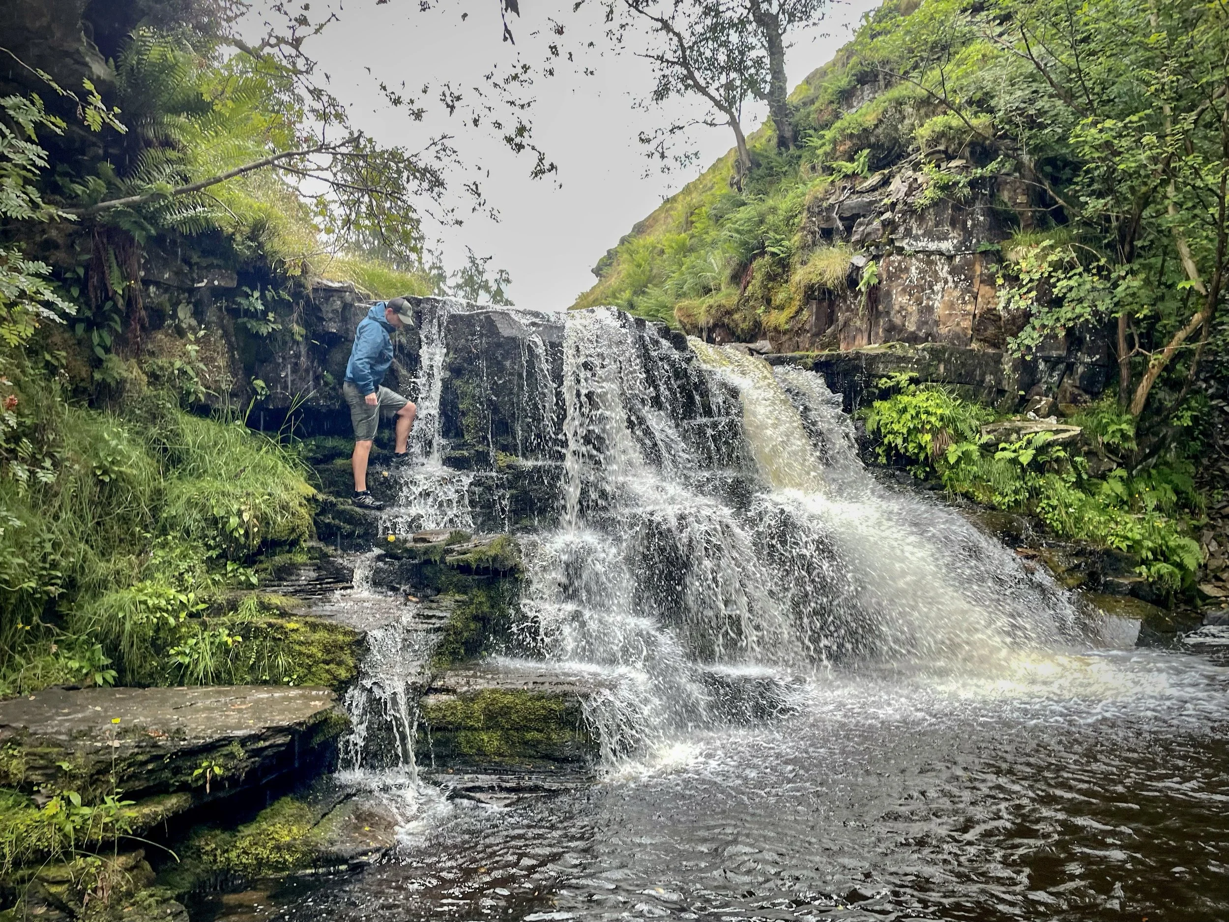 A person standing on rocks near a small waterfall in a lush green forest.