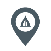 A map location pin with a tent icon inside, indicating a camping or outdoor activity site.