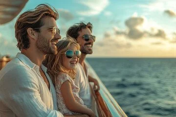 A family of three looking out at the ocean on a boat at sunset, smiling.